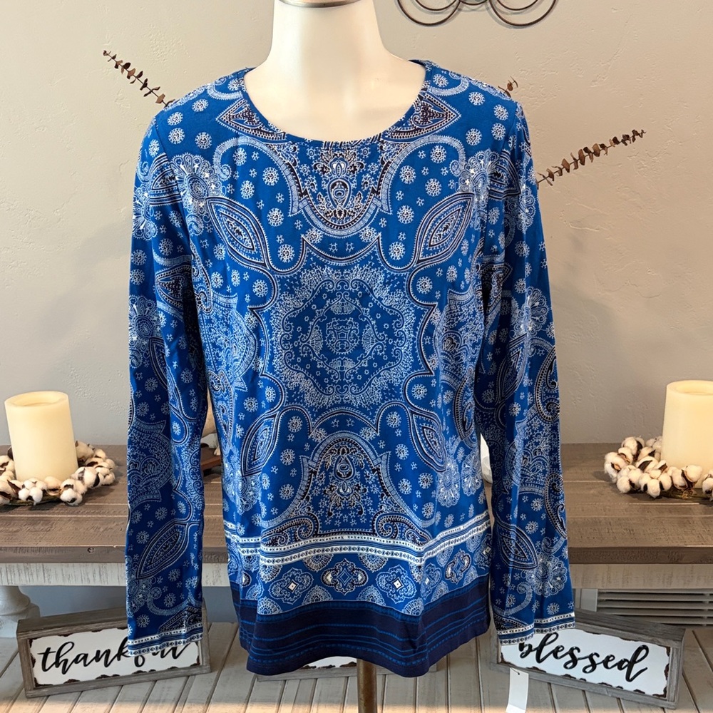 Talbots Blue Paisley-Print Long Sleeve Top